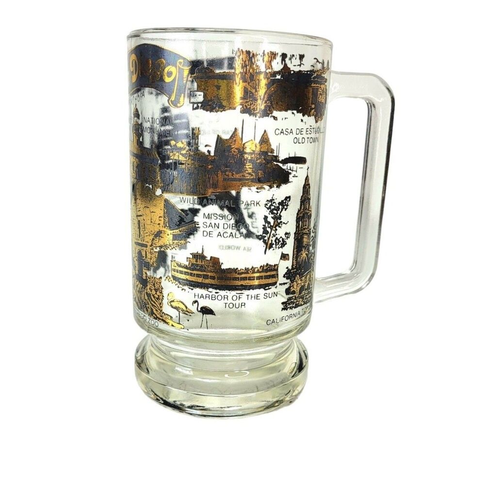 Vintage SAN DIEGO MCM Black 22 Kt Gold Souvenir Heavy Bottom Glass Beer Mug